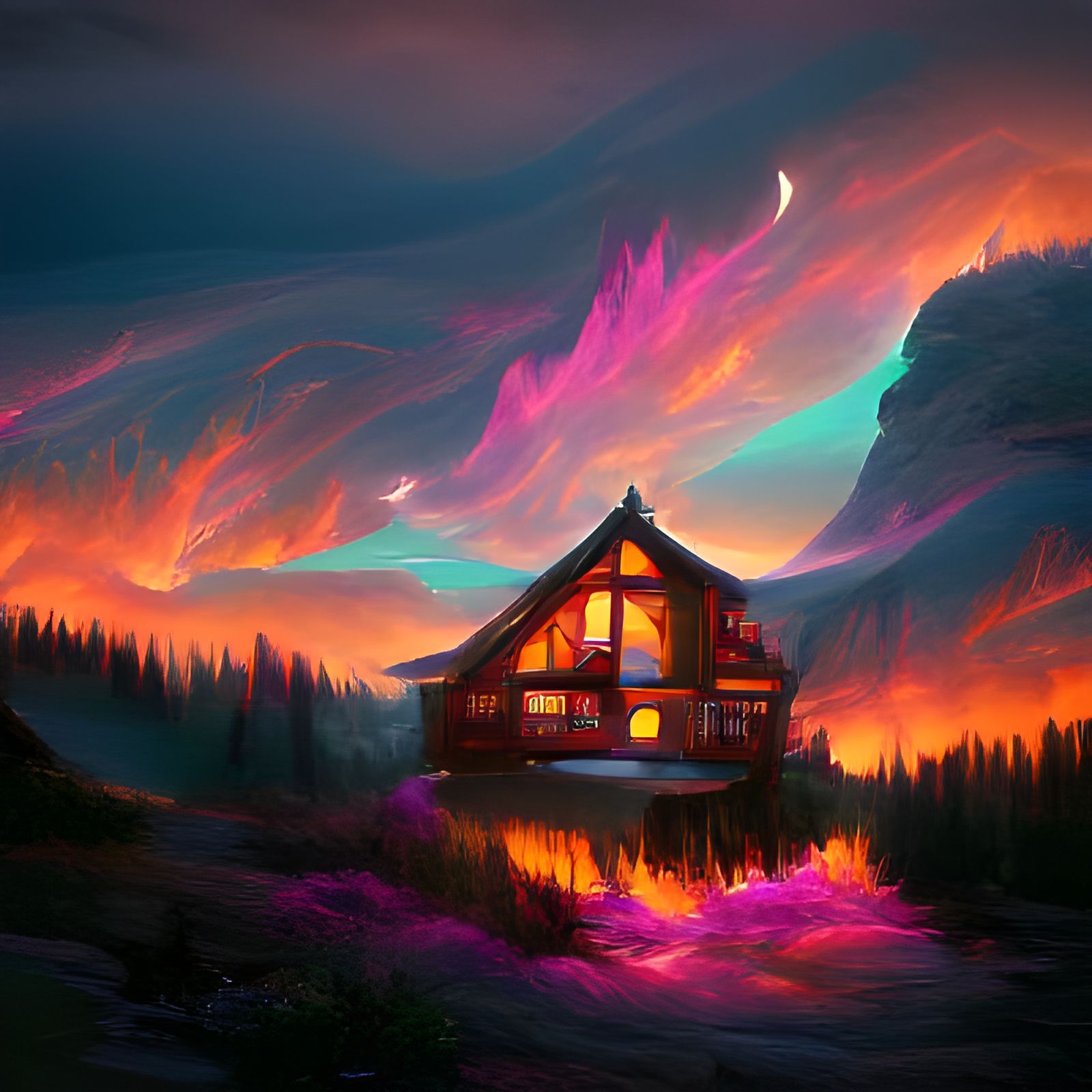 Dream House Ablaze: Cozy Cabin in Cel-Shaded Flames