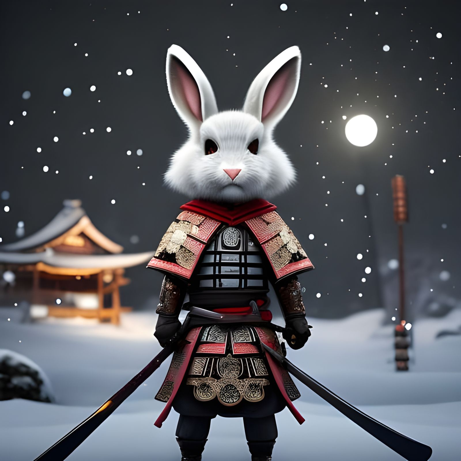 Samurai Rabbit on Winter Night: Digital Art