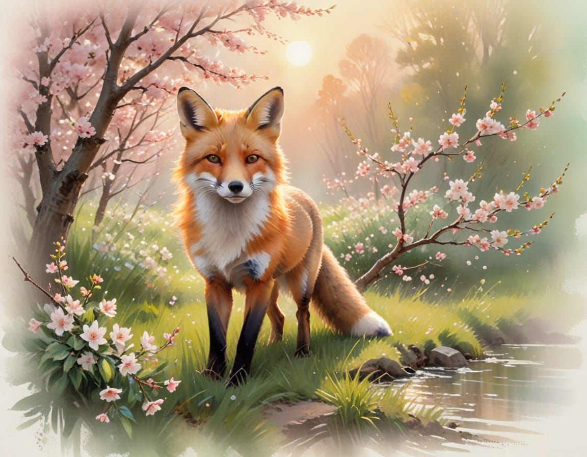 Sakura Dawn Fox in Watercolor Impressionism