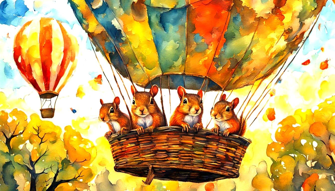 Squirrels in Trews on Hot Air Balloon, Gouache Style