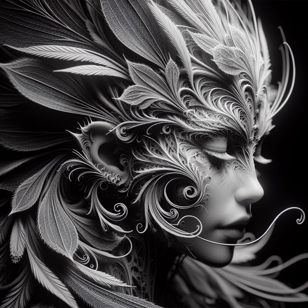 Detailed Portrait of a Cree Fairy in Black and White