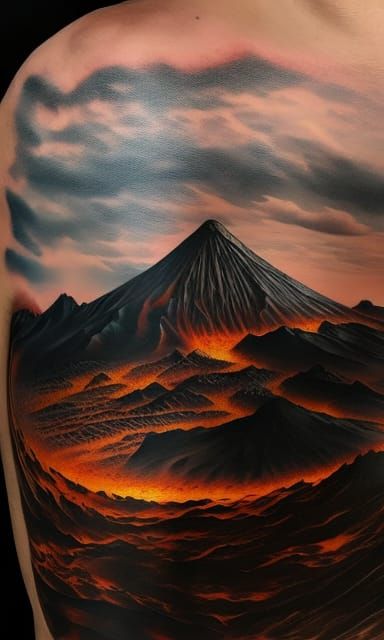 Hyperrealistic Volcano Tattoo Design with Volumetric Lightin...