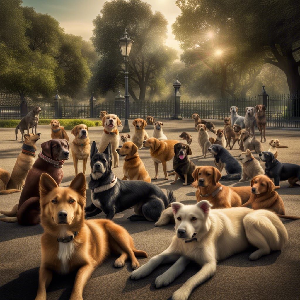 Lively Park Scene Filled with Dogs in Hyperrealistic Style
