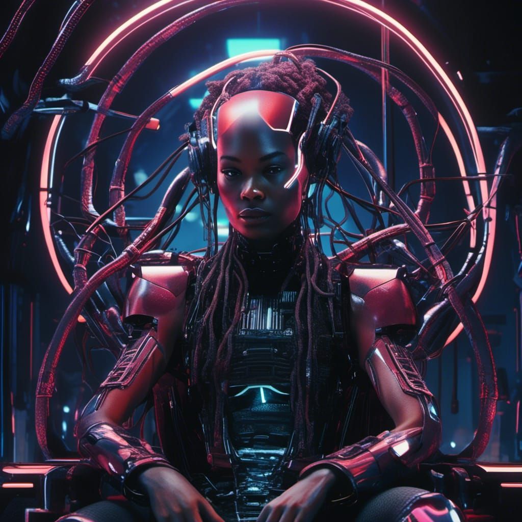 Cyberpunk Cyborg Villain on Throne in Neon Light