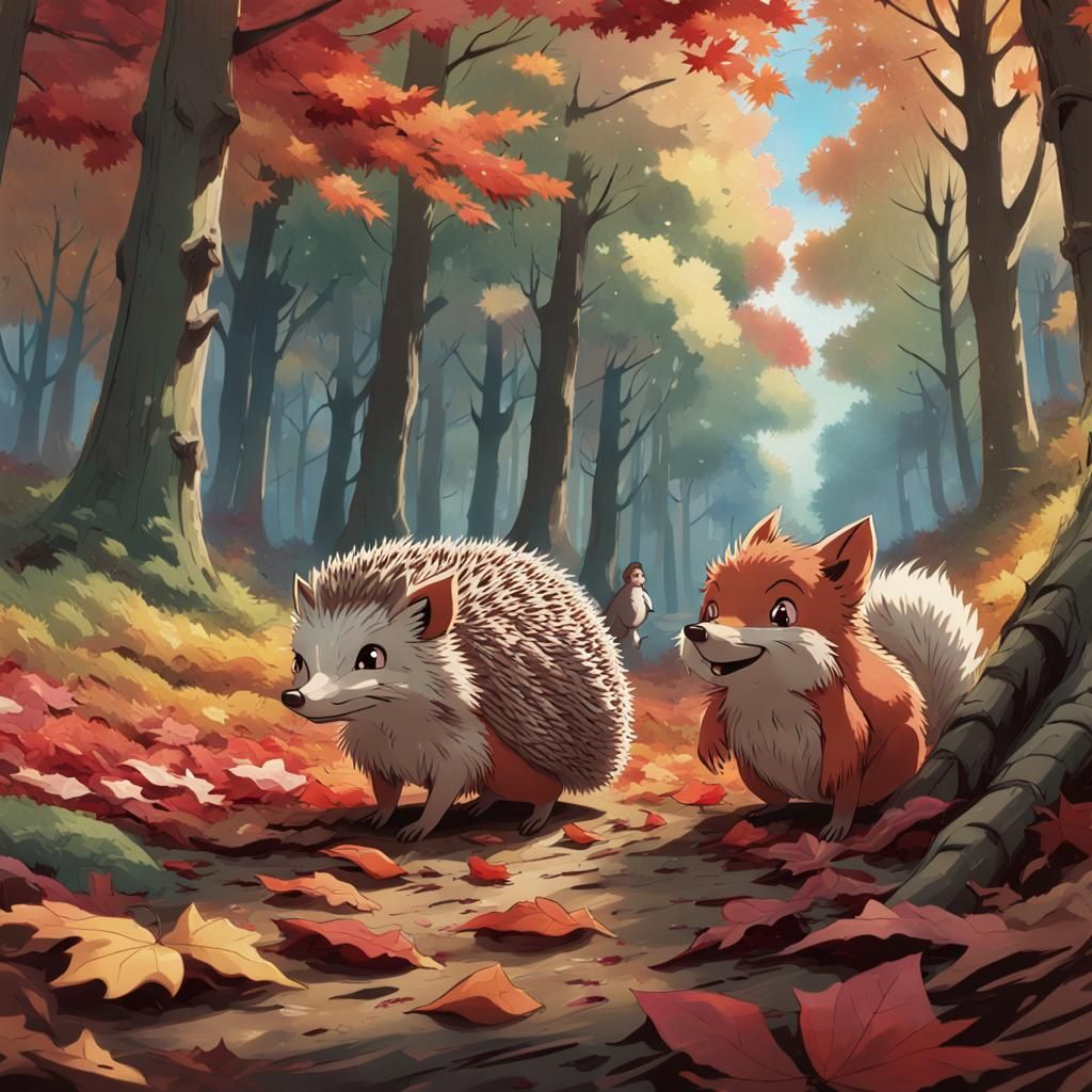 Happy Animals in Autumn Clearing, Studio Ghibli Style