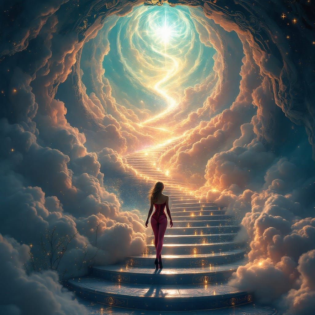 Woman at Ethereal Stairway in Hyperdetailed Matte Painting