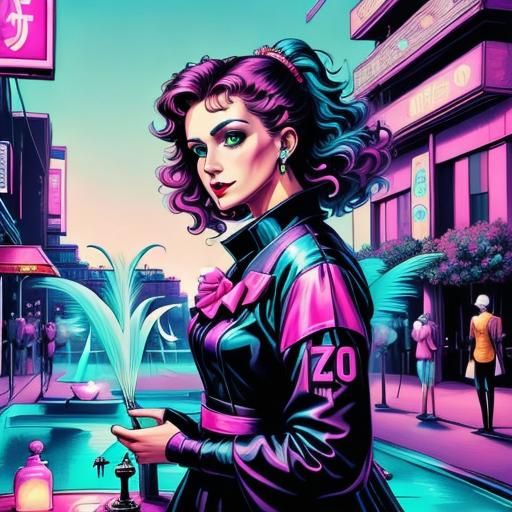 WomanZO at Fountain—loras: Surreal DreamShaped Synthwave-Cyb...