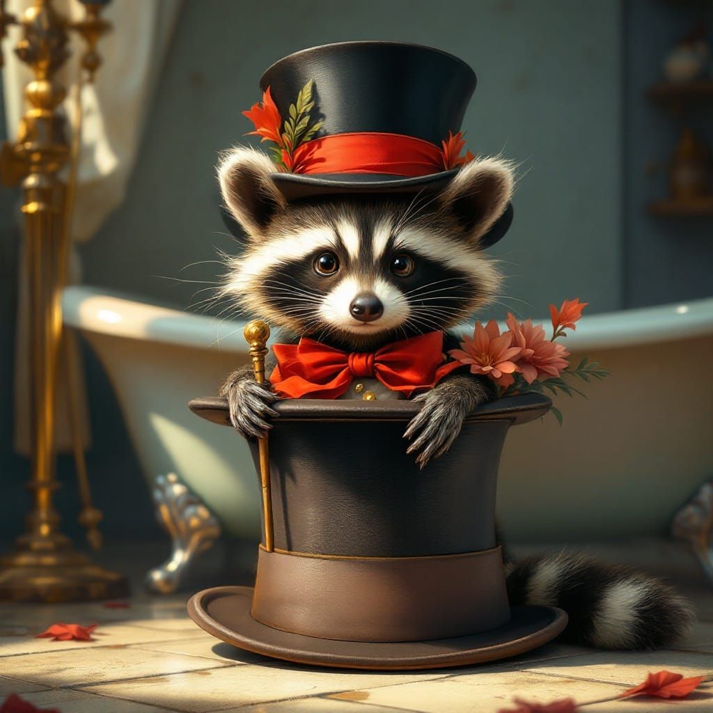 Whimsical Raccoon in Vintage Top Hat, Painterly Style