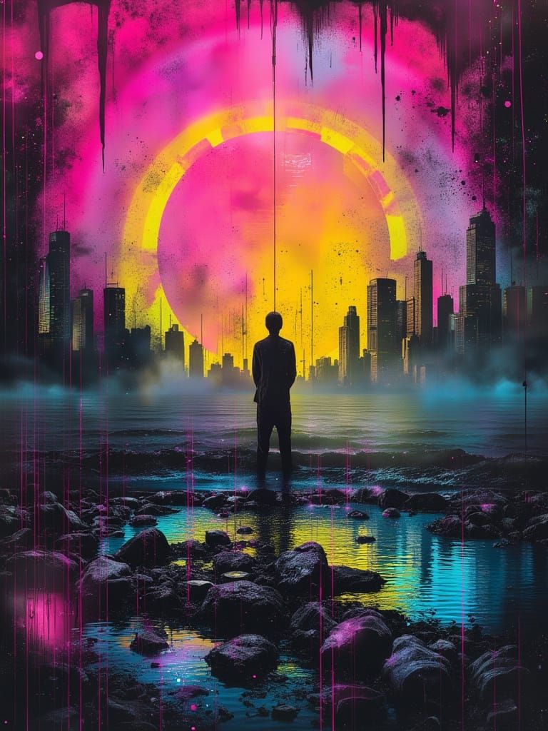 Surreal Cityscape Witness in Neon, Cyberpunk Style