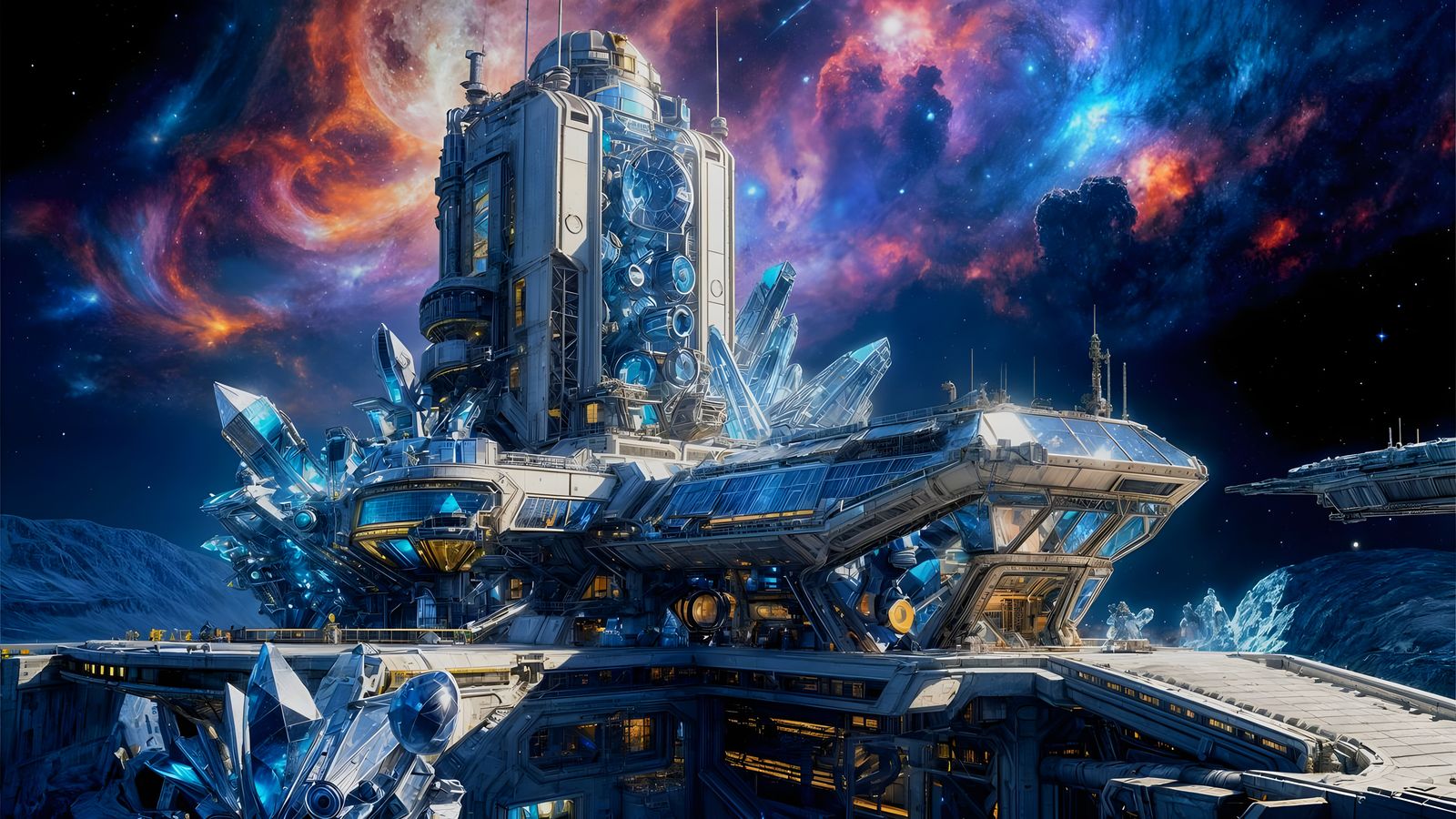 Spectacular Mercury Crystal Space Outpost in Nebula