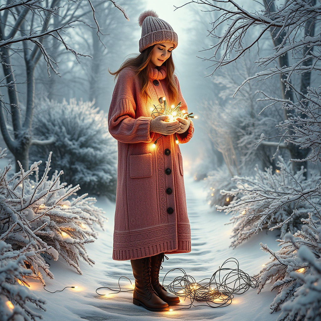 Woman in Winter Garden: Ethereal Dreamlike Art