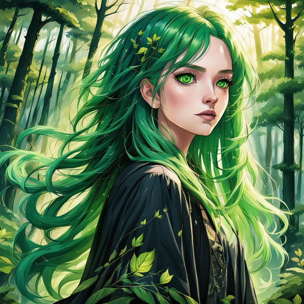 Green-haired Girl in Enchanted Forest