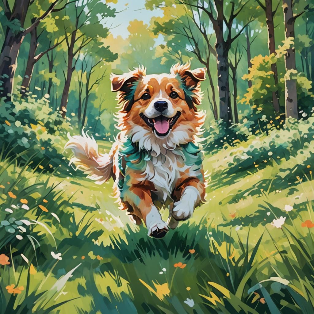 Dog Running in Meadow: Whimsical Splash Art