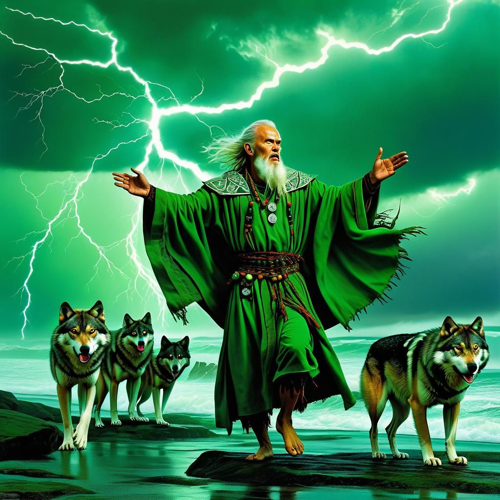 Fantasy Druid Commanding Storm on Seacliff