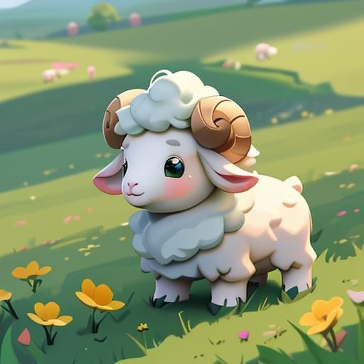 A a green field standard a little nervous lamb looking at all the other sheep alcohol ink pixar style