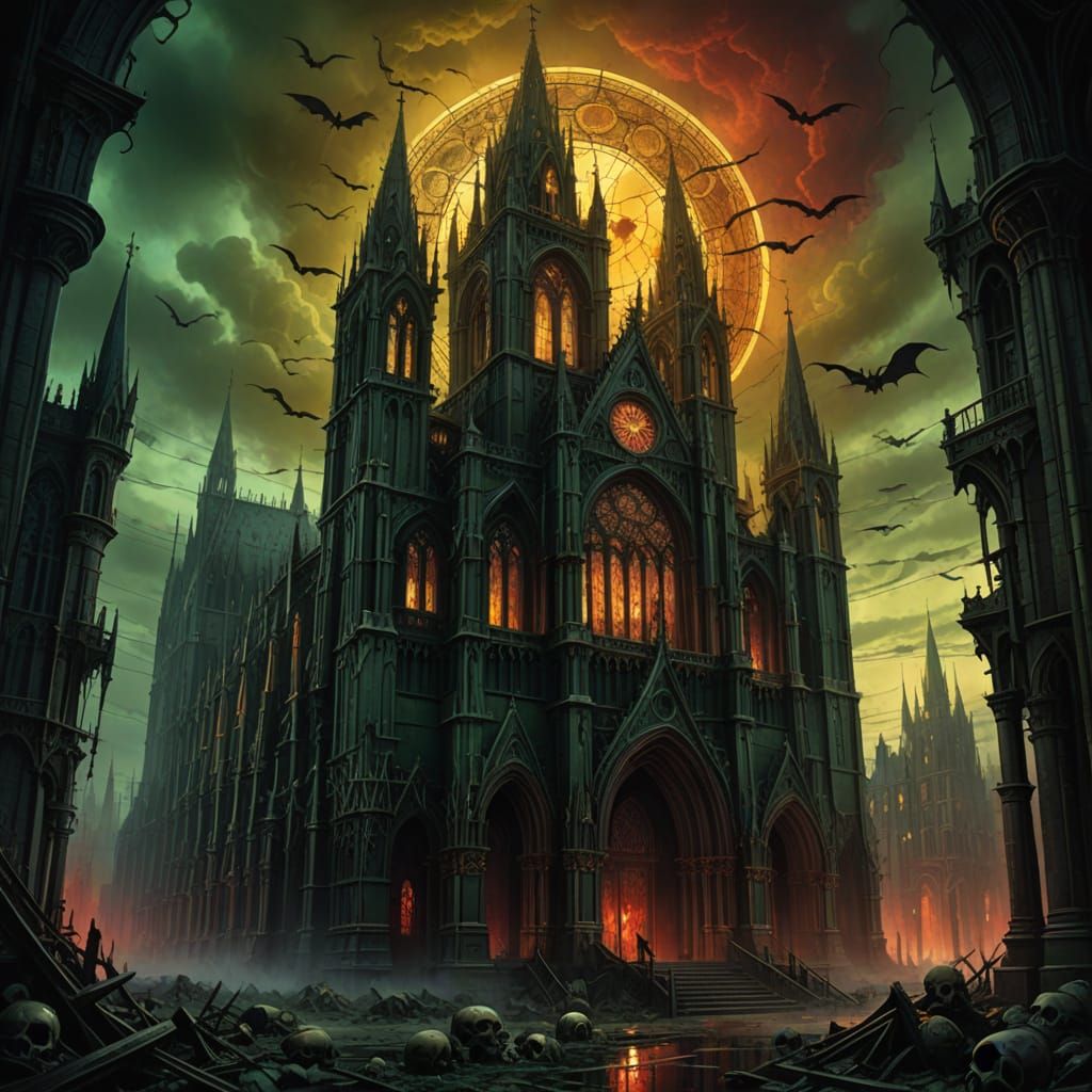 Colossal Gothic Cathedral of Bones in Blood-Red Sky