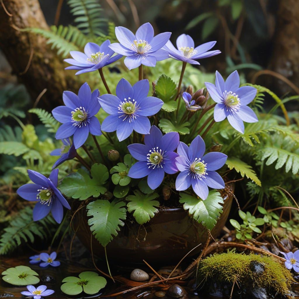 Vibrant Hepatica Blooms in a Mossy, Fern-Filled Landscape