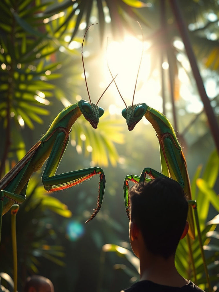 Emerald Mantis Aliens Converse in Lush Forest