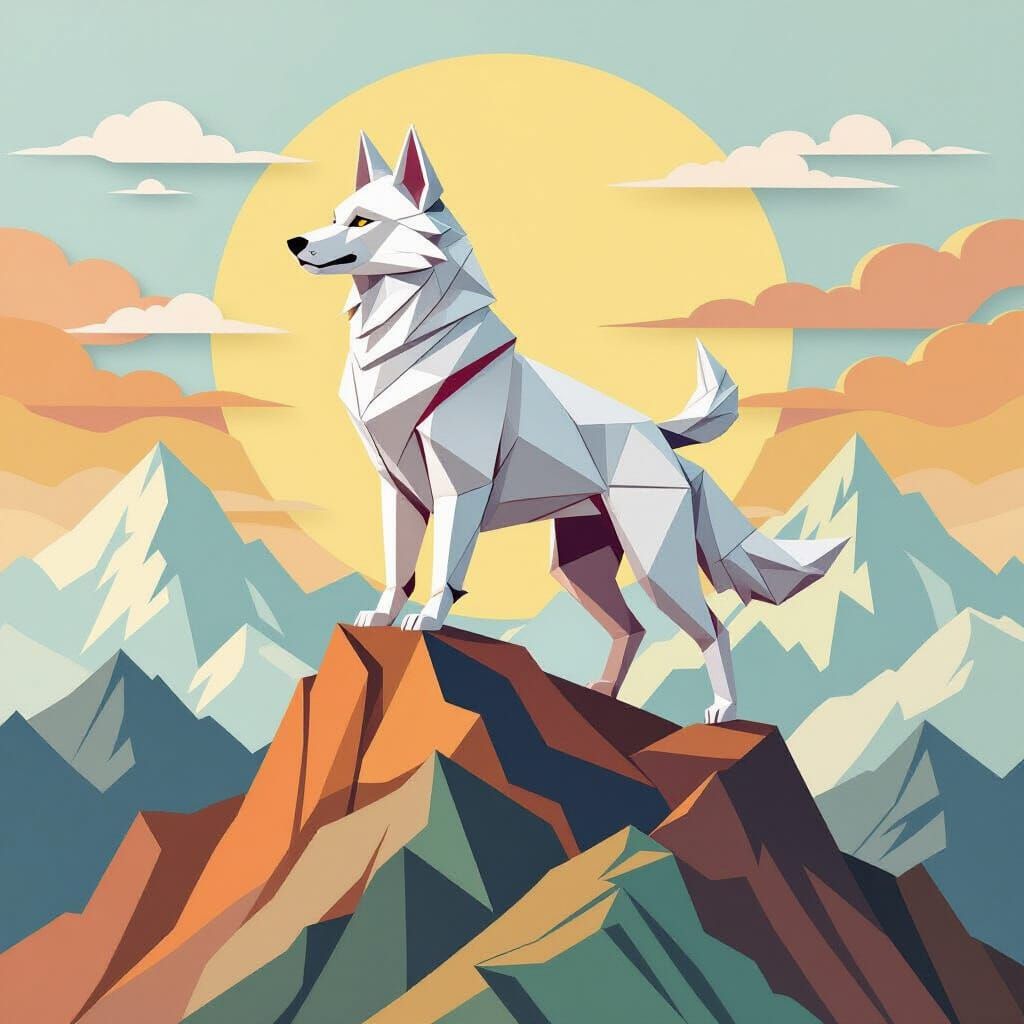 Origami Mythical Dog on Paper Mountain Peak