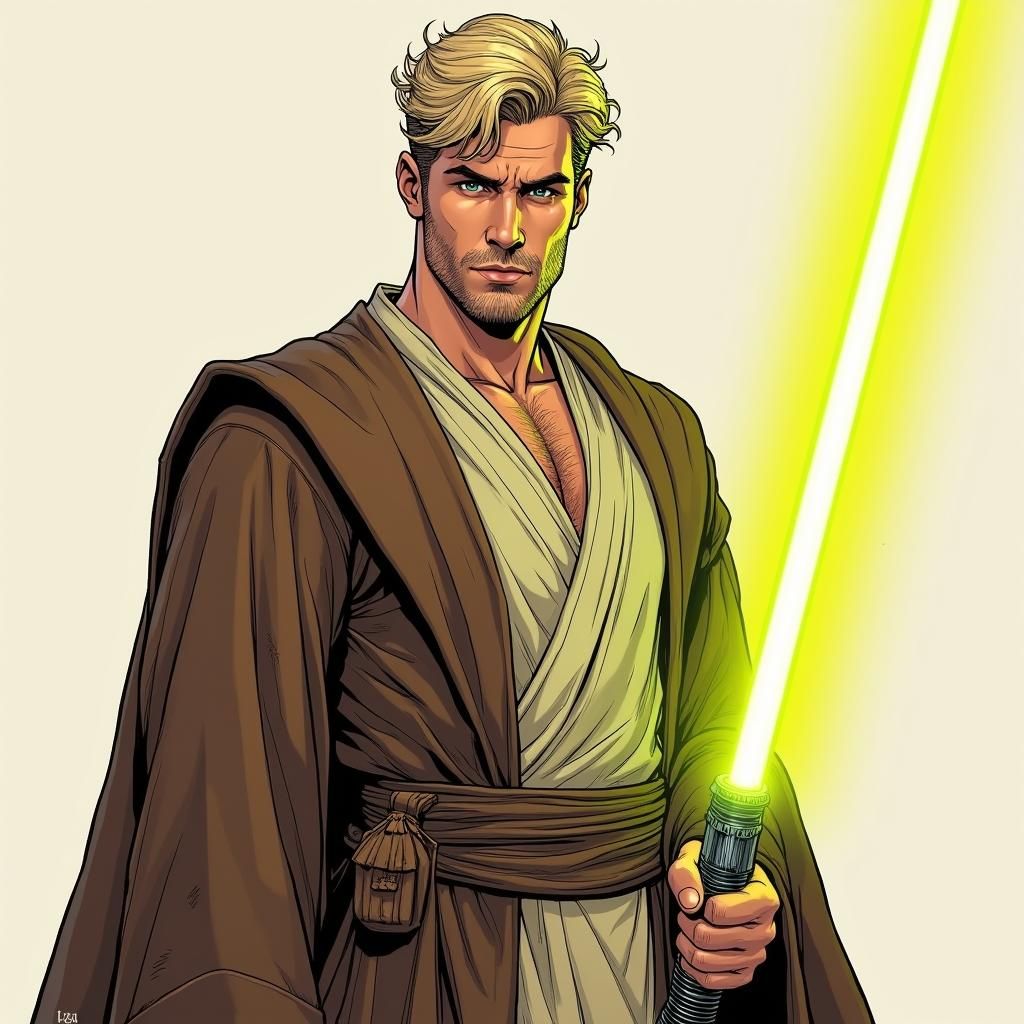 Jedi Warrior with Yellow Lightsaber in Comic Style