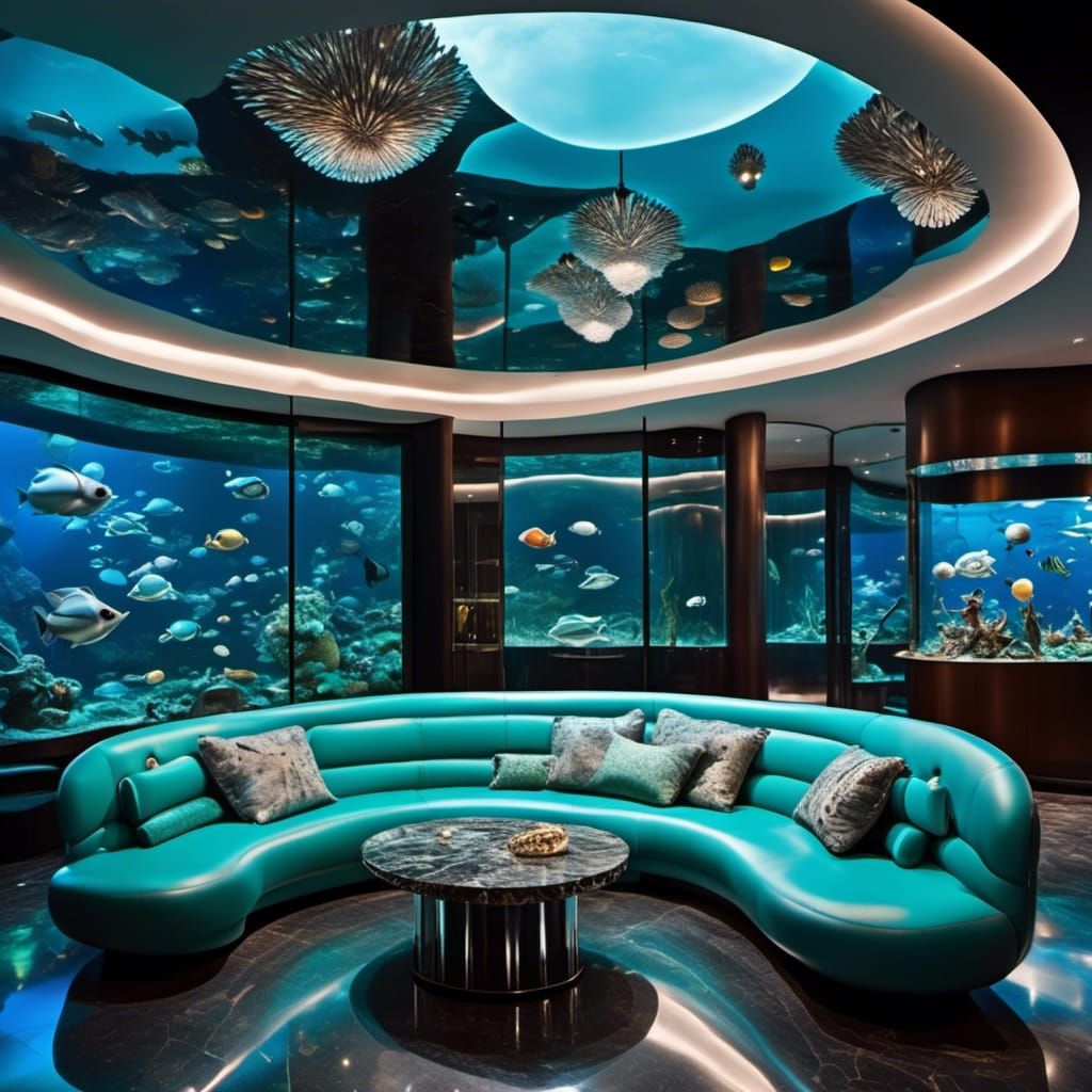 Futuristic Living Room with Teal Marble and Neon Cityscape