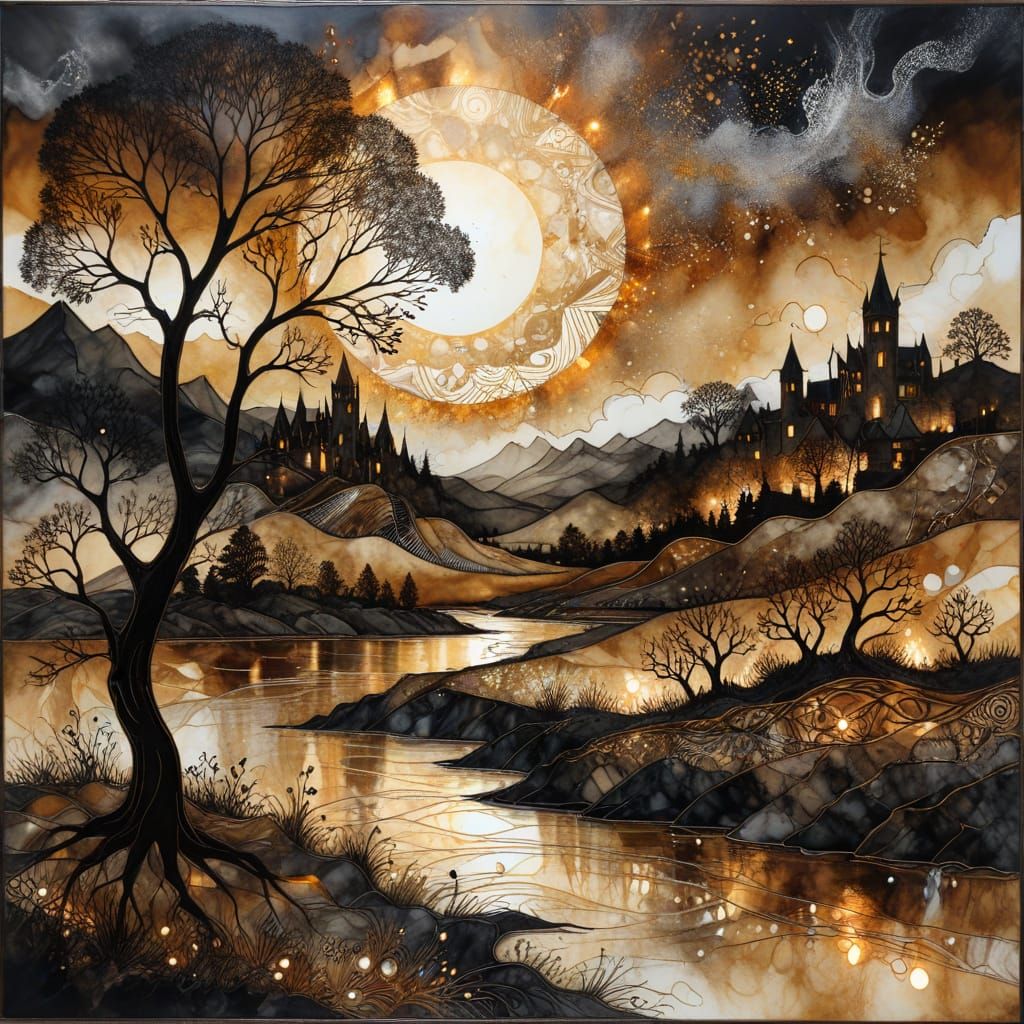 Ethereal Medieval Landscape in Sepia and Bold Lighting