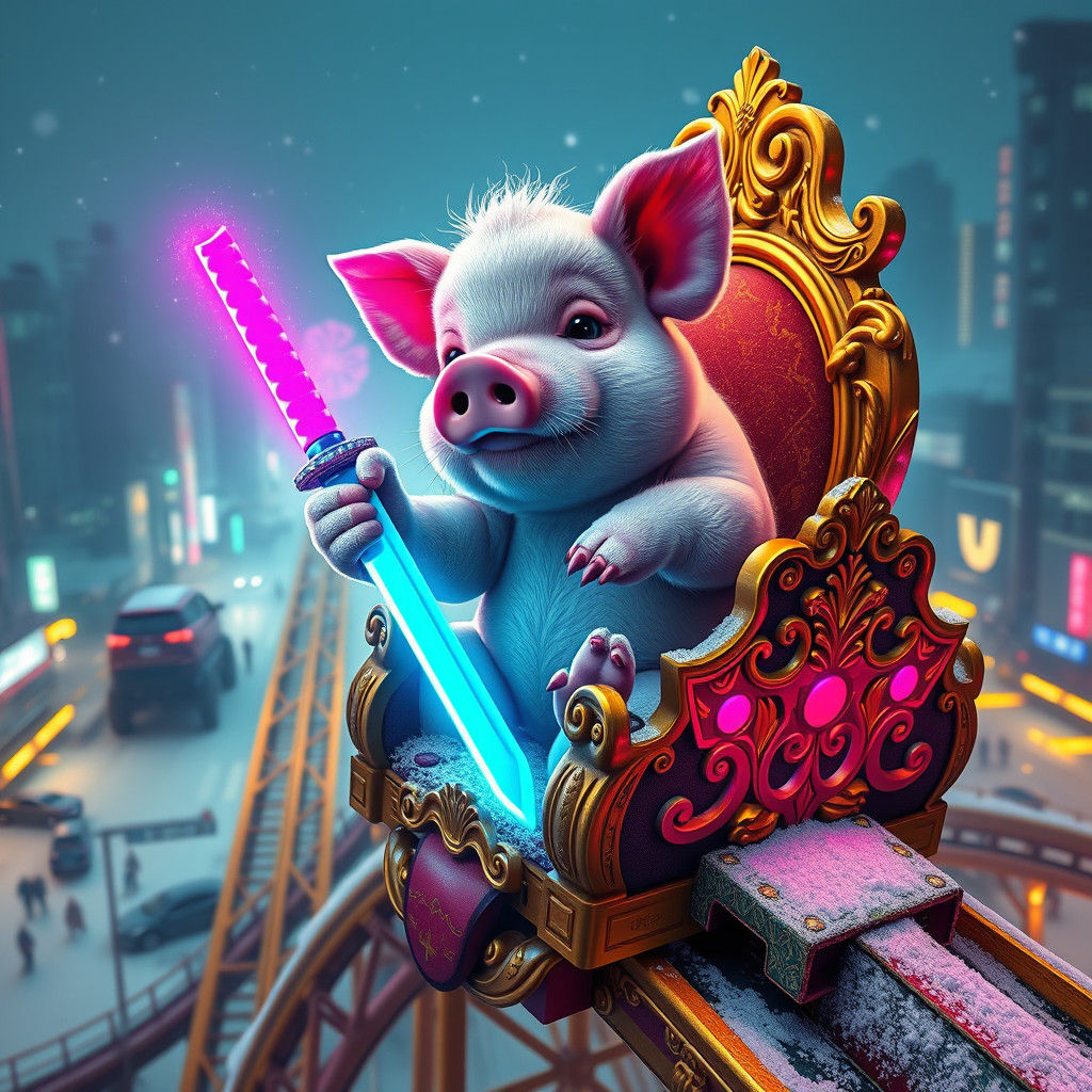 Piglet on Rollercoaster Throne in Snowy Tokyo