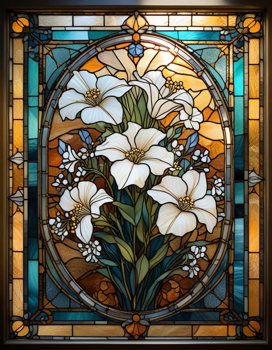 Art Nouveau Stained Glass Flowers in Gold Frame