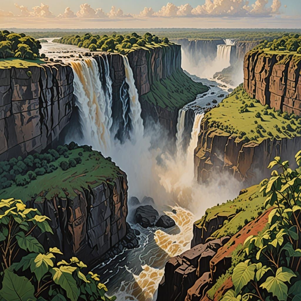 Golden Victoria Falls in African Landscape