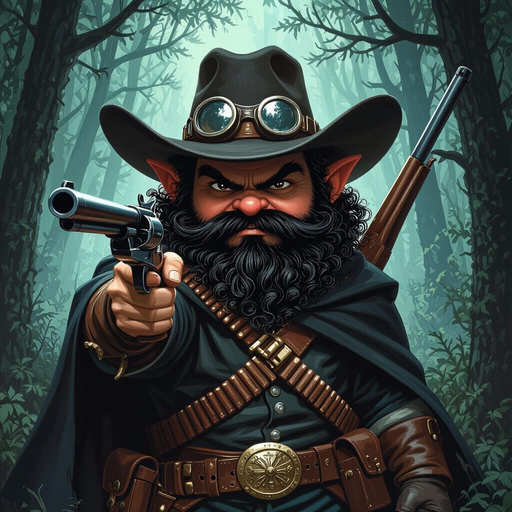 Gnome Gunslinger in Dark Forest, Retro-Futuristic Style