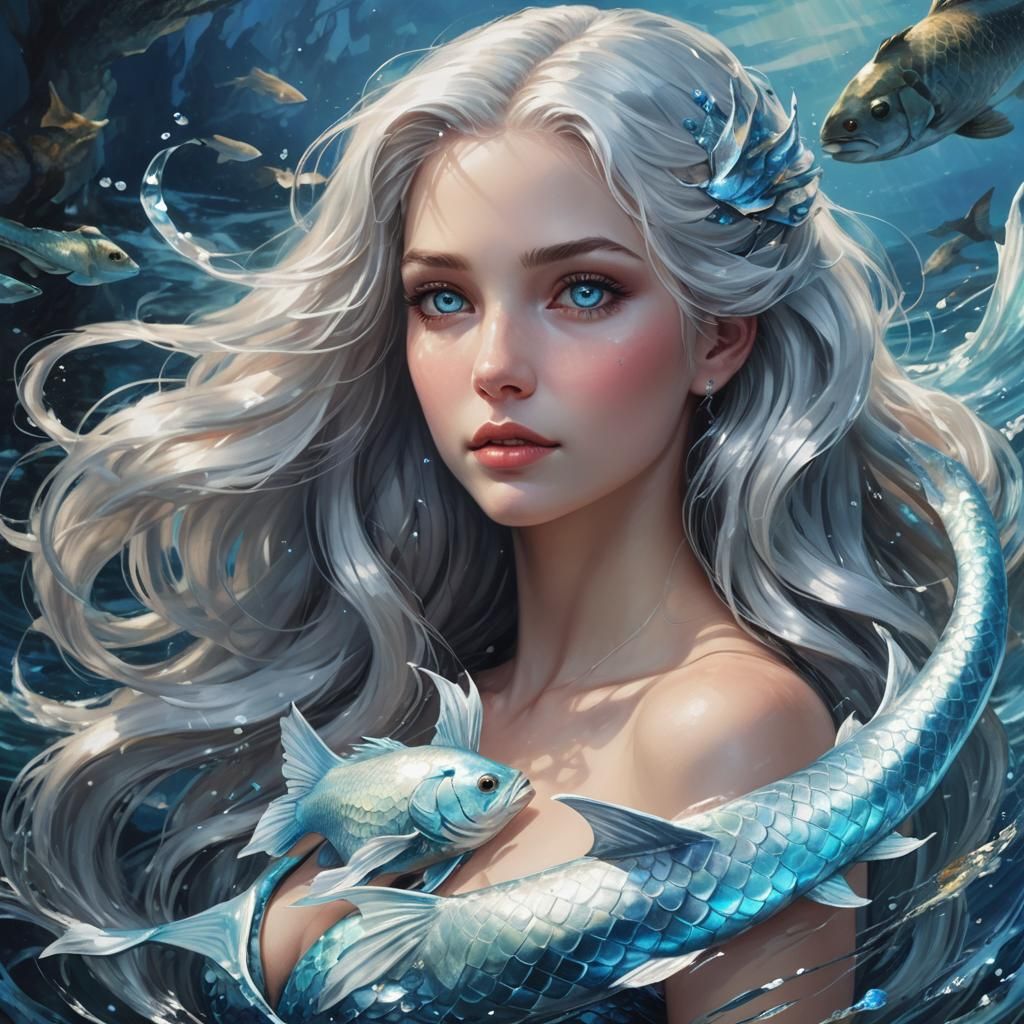 Silver-Haired Siren in Moonlit Waters as Oil Painting