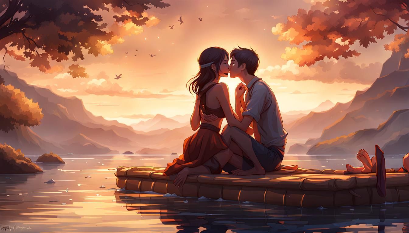 Romantic Kiss on Raft, Digital Painting in Unreal Engine