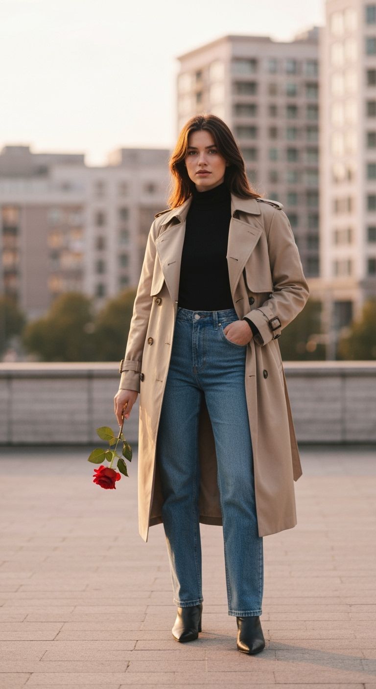Elegant Woman in Beige Trench Coat Holding Red Rose