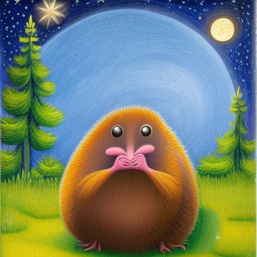Star-Nosed Mole Gazing at Moon, Egg-Tempera Painting