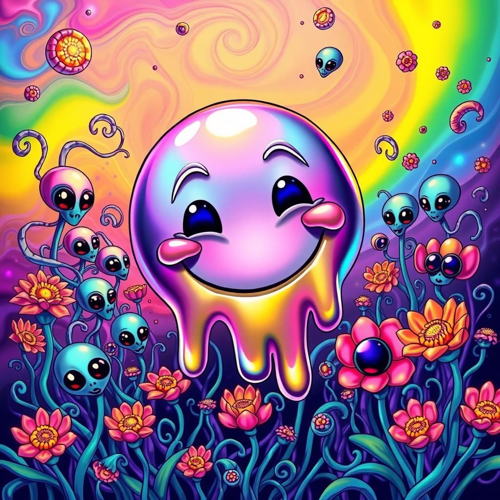 Psychedelic Melting Smiley Face with Aliens and Flowers