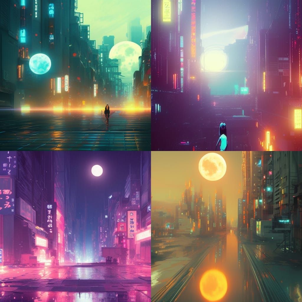 Neon City Japanese Girl with Melting Moon, Hyperdetailed Art