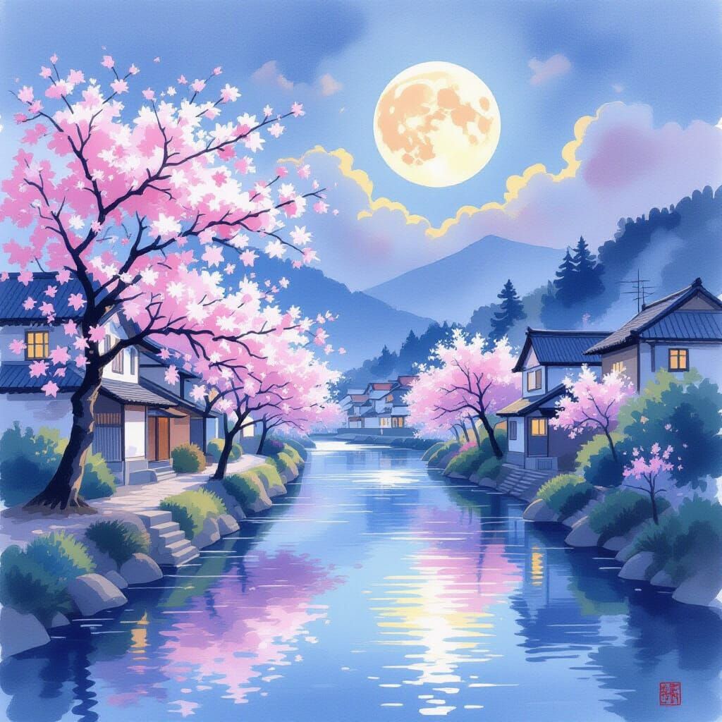 Watercolor Village Scene with Cherry Blossoms and Full Moon