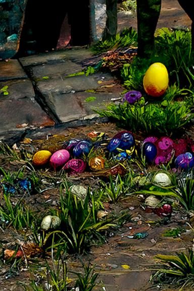 Colorful Easter Eggs in Flowerbed, Oil Painting Style
