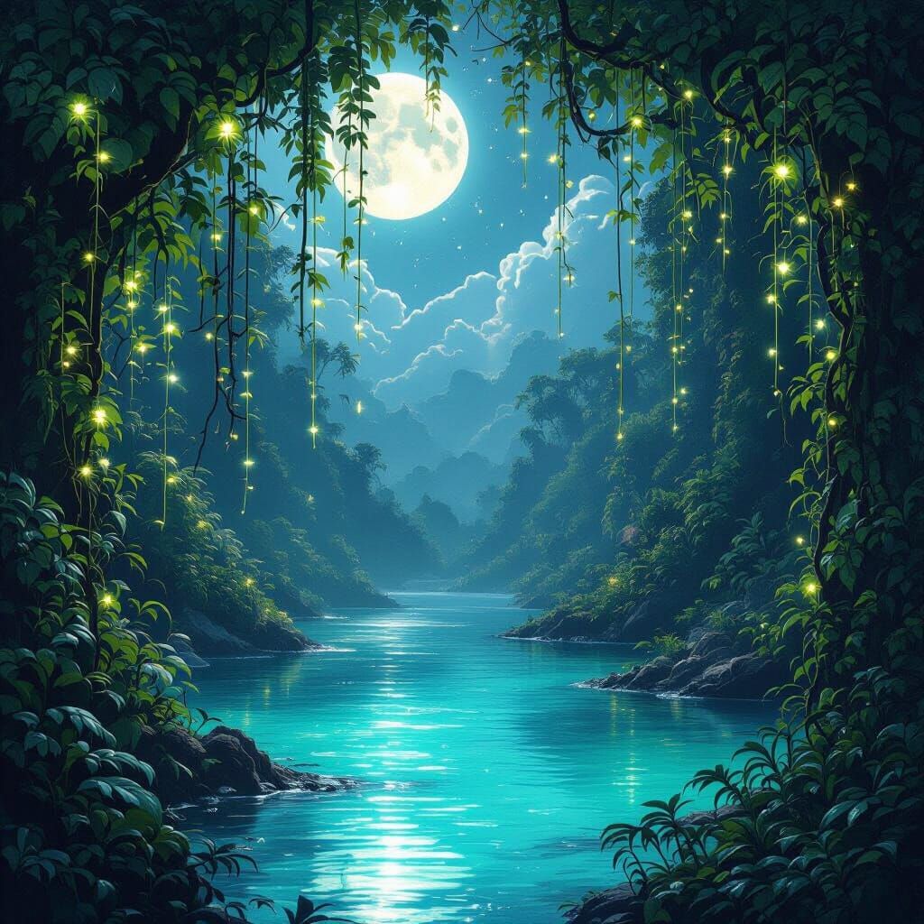 Mystical Bioluminescent Jungle Lagoon in Digital Art Style