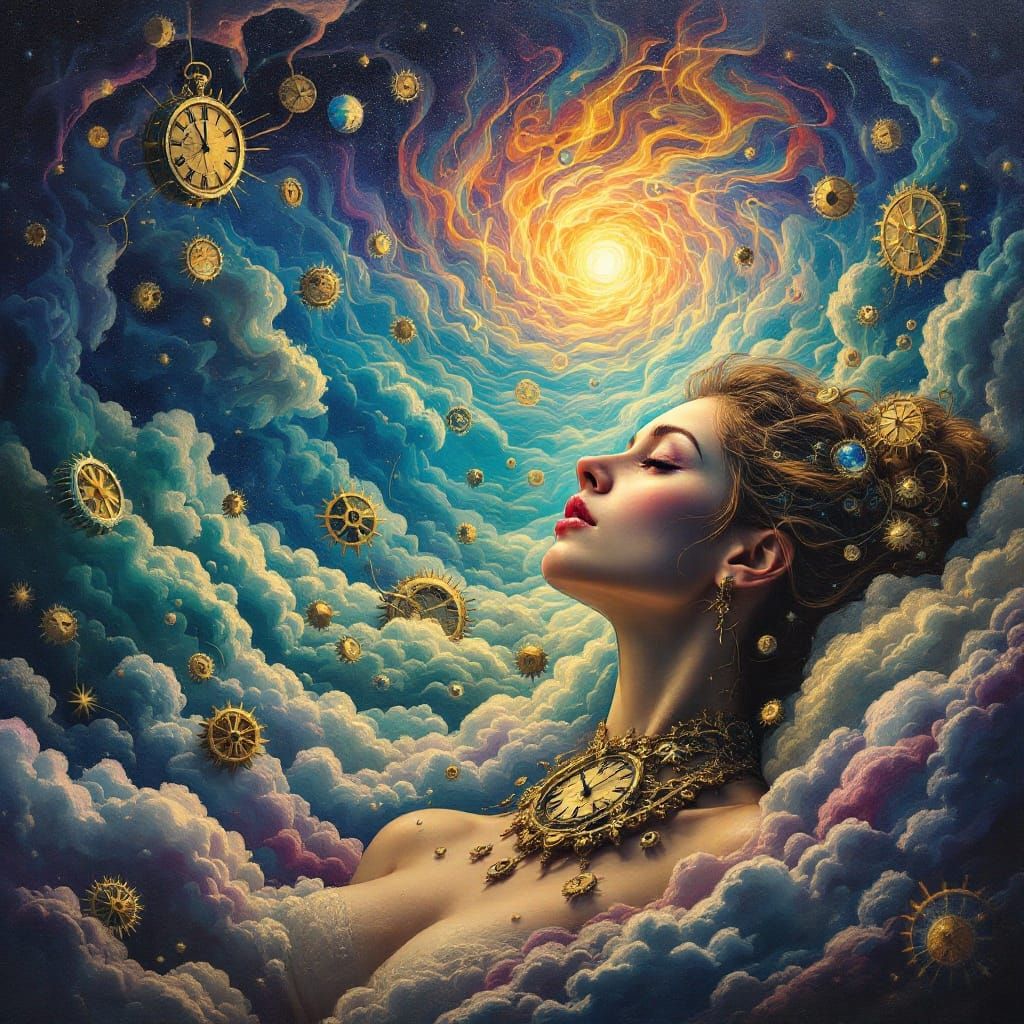 Dreamlike Surrealist Scene with Melting Clockwork and Swirli...