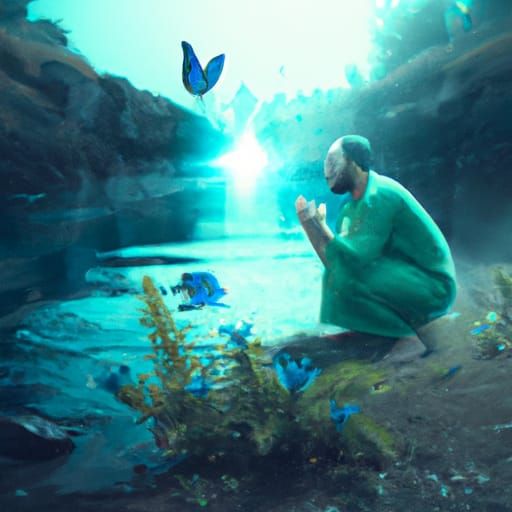 Muslim Man Praying by River: Digital Matte Painting