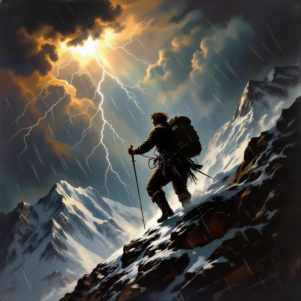 Baroque Climber Battling Storm on Mountain