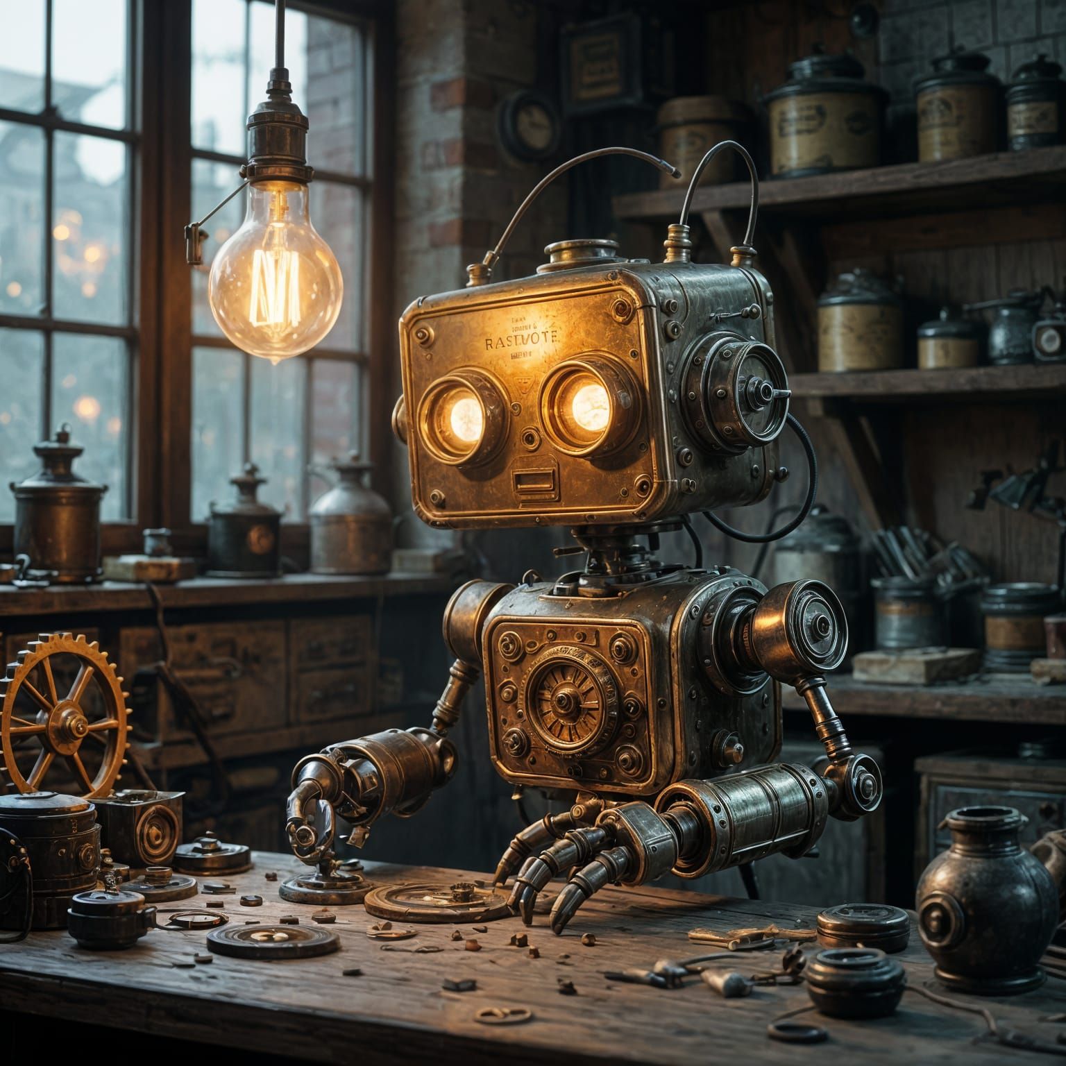 Steampunk Droid with Radio Head Tinkering in Workshop