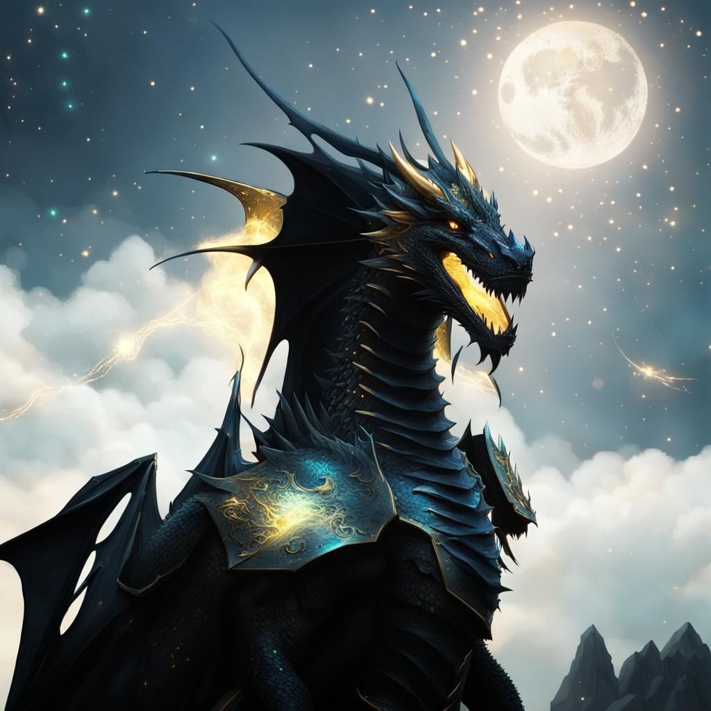 Armored Black Dragon in Bioluminescent Starry Sky