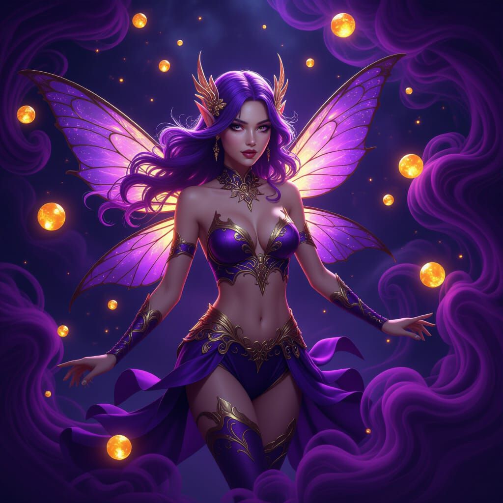 Detailed Fairy Amidst Purple Smoke and Gold Orbs