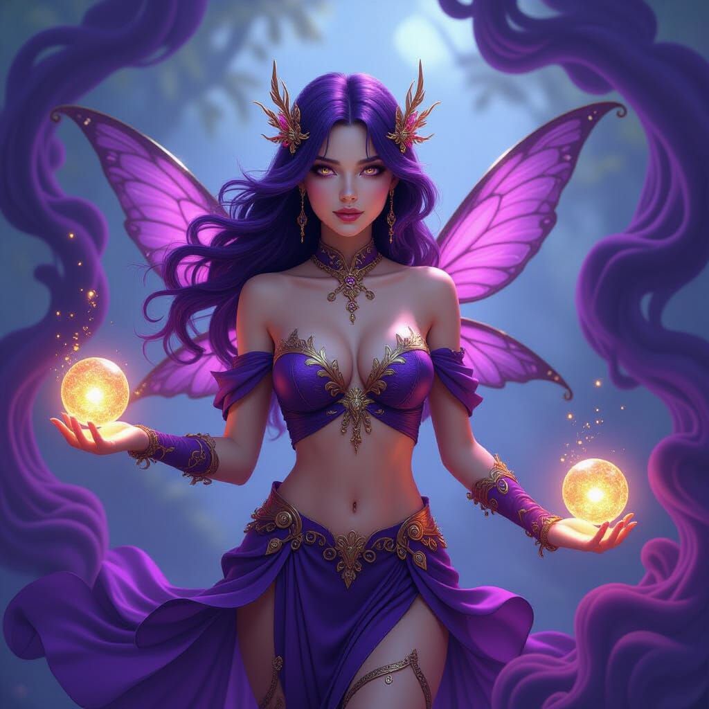 Detailed Fairy Amidst Purple Smoke and Gold Orbs