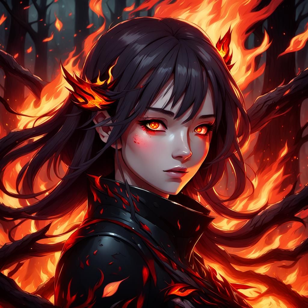 Anime Woman in Burning Forest: Dark Fantasy Portrait