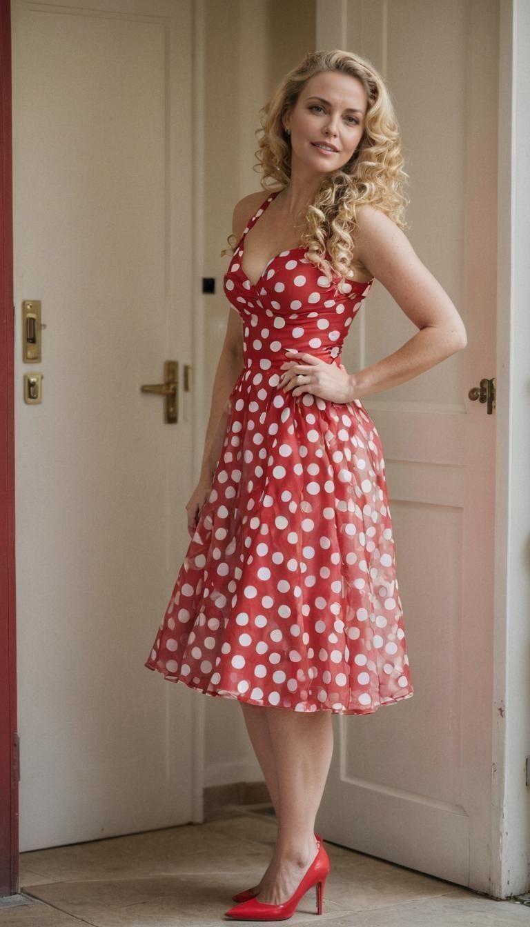 Stunning Woman in 50's Style Red Polka Dot Dress