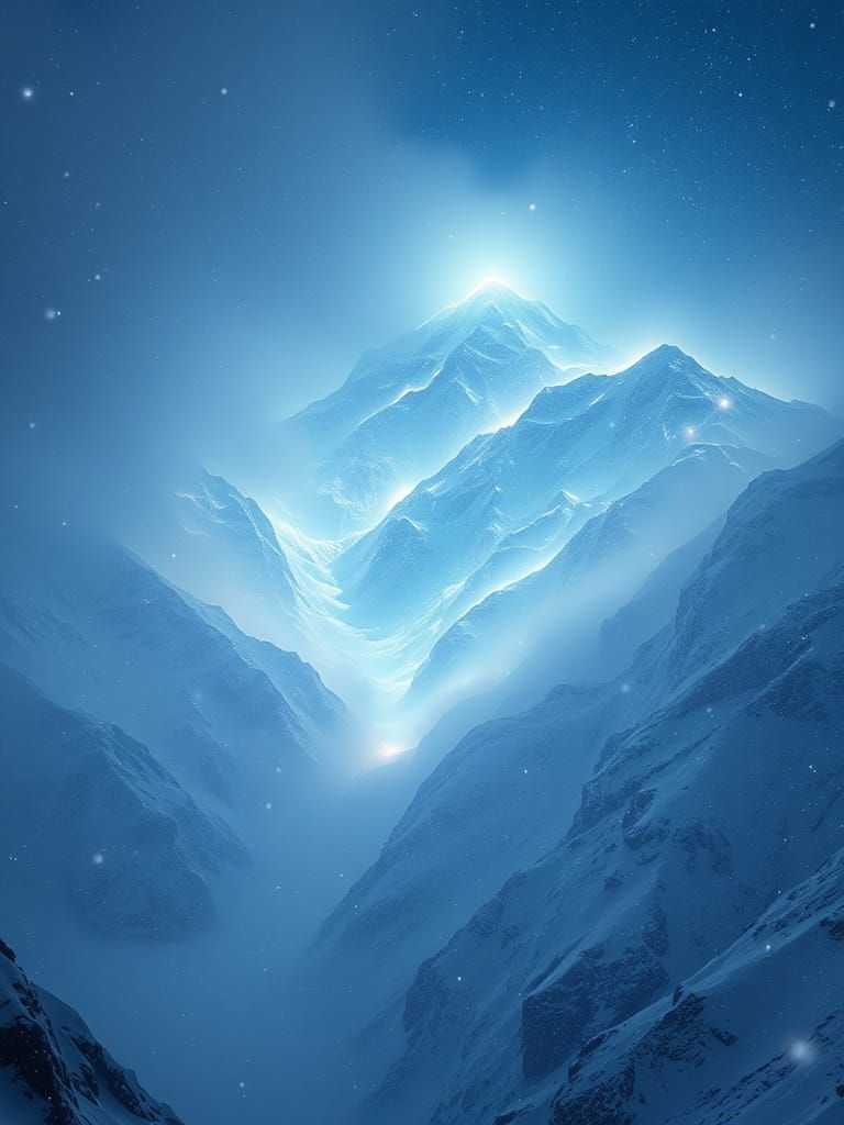 Surreal Mountain Range Bathed in Ethereal Sapphire Light