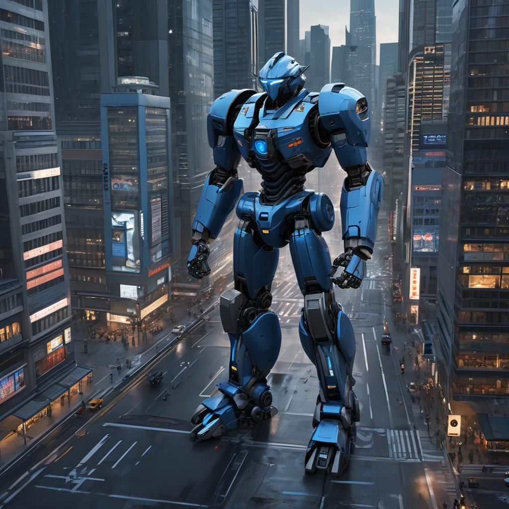 Heroic Blue Robot in Anime-Inspired Cityscape